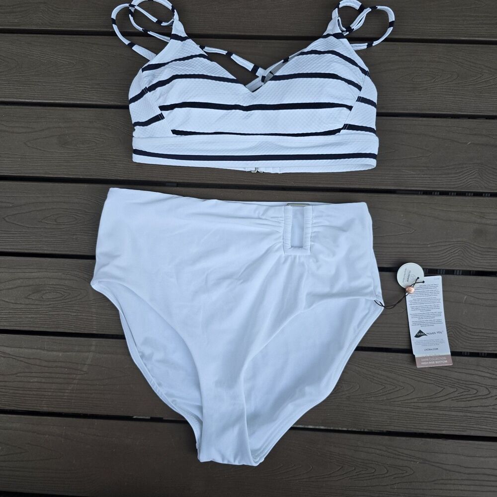 CALIA Womens Mesh Striped Strappy Back Top & Asymmetrical Bikini Bottom Sz S New